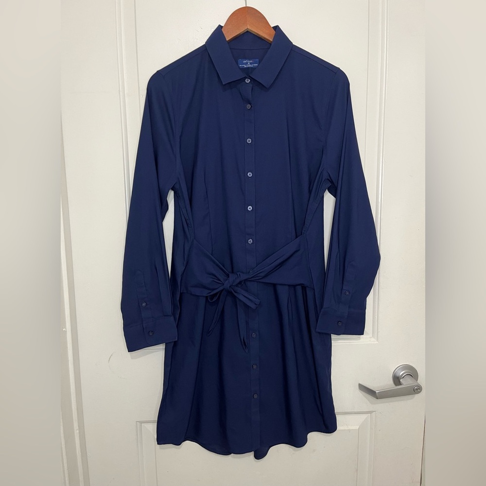 Untuckit Womens Dress 12 Navy Button Angela Long Sleeve Tie Belt